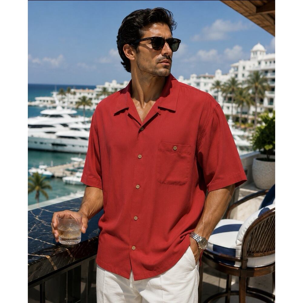 Tulliano Mens 2XL Luxury Short Sleeve Button 100% Silk Camp Shirt Coastal NWT